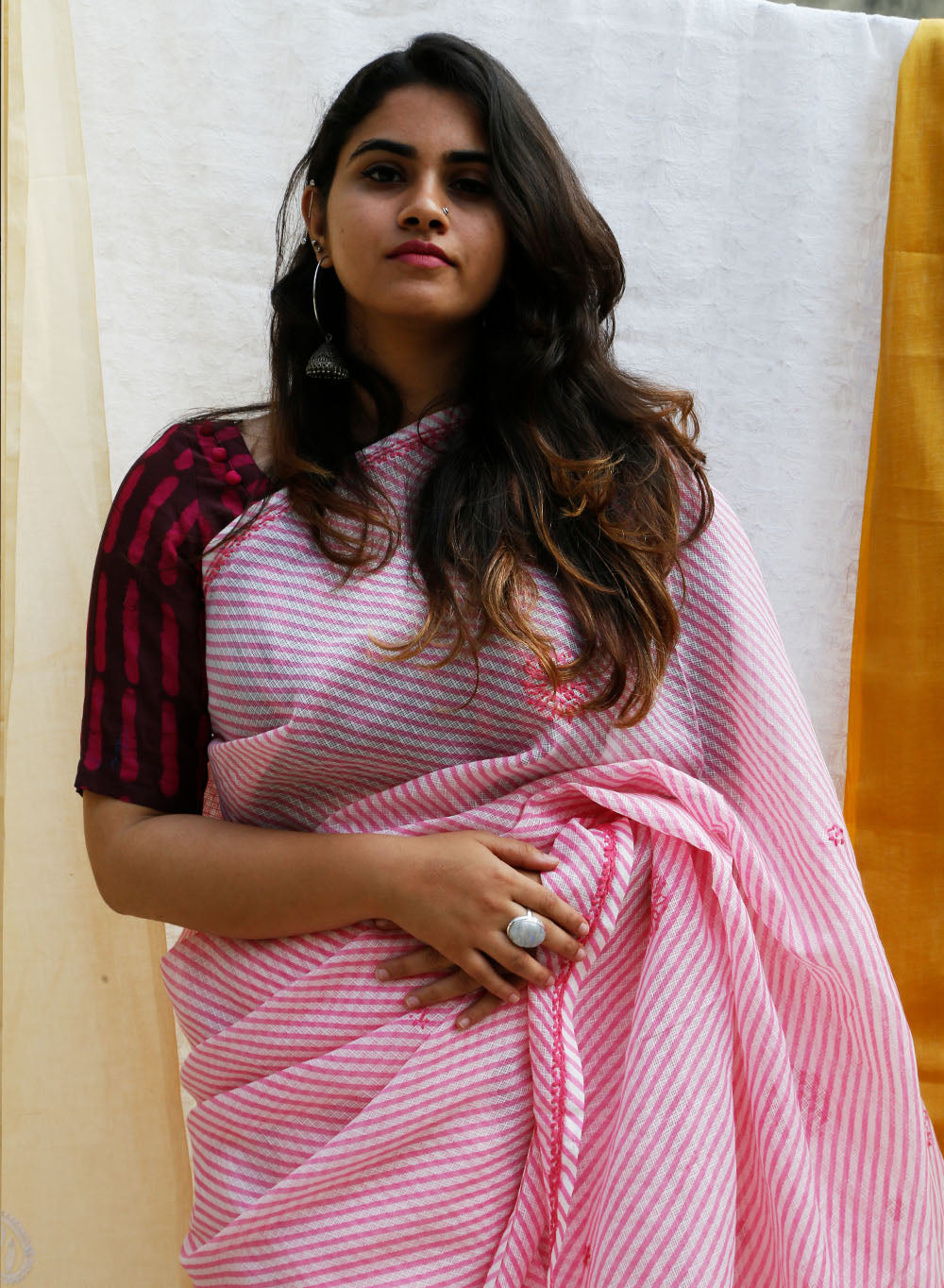 Pink Lehariya - Kota Aks Cotton Chikankari  Saree