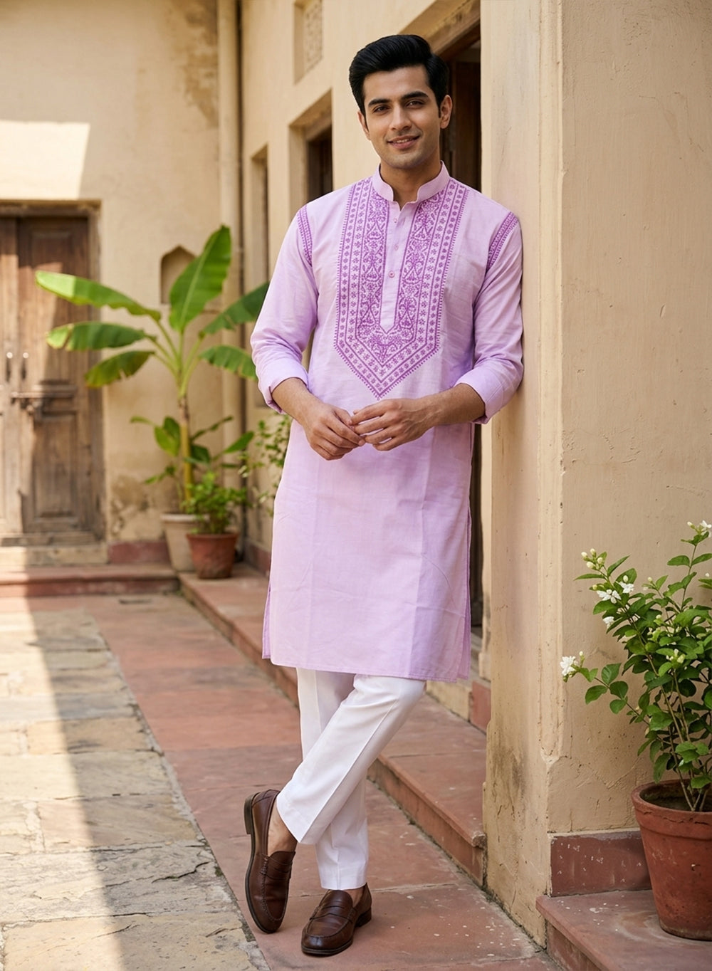 Pink - Nawab Polo Cotton Men Chikankari Long Kurta