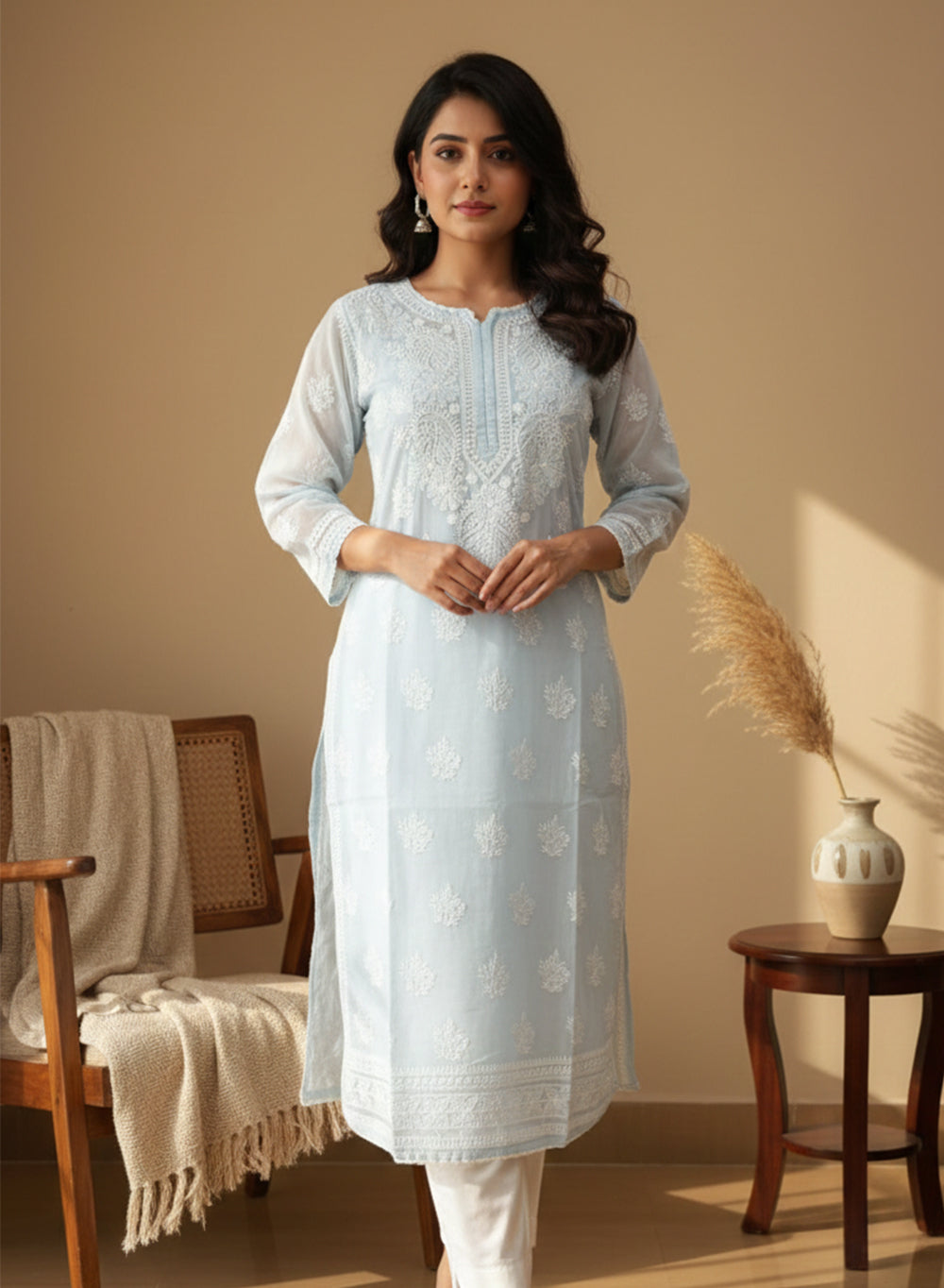 Powder Blue With Crochet Lace - Cotton Terry Voile Bahaar Chikankari Kurta With Slip