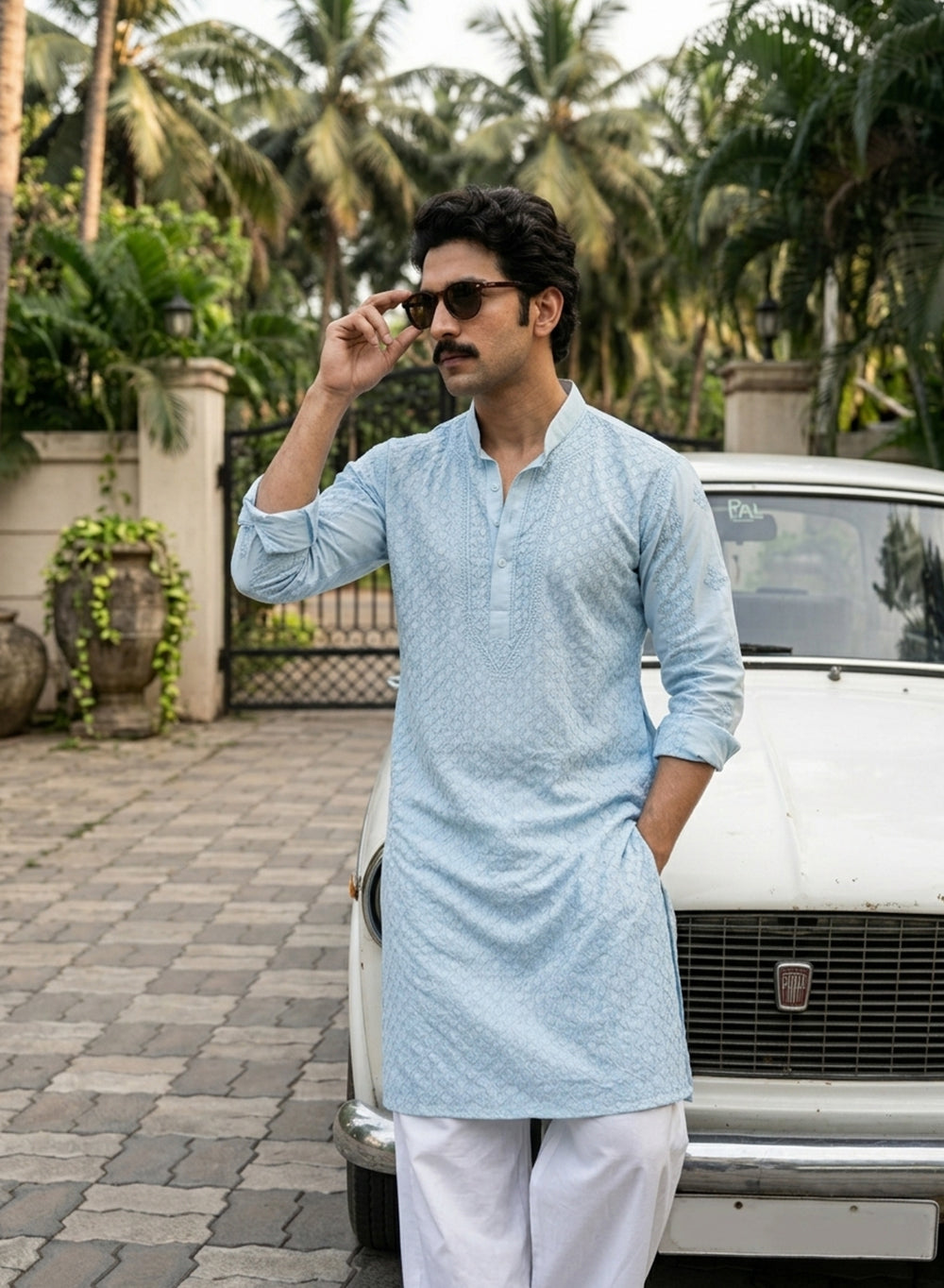 Powder Blue - Nawab Checkered Front Jaal Cotton Chikankari Kurta