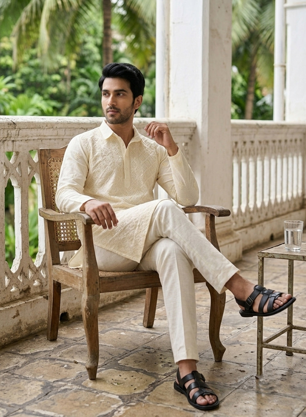 Powder Yellow - Nawab Floral Front Jaal Cotton Chikankari Kurta