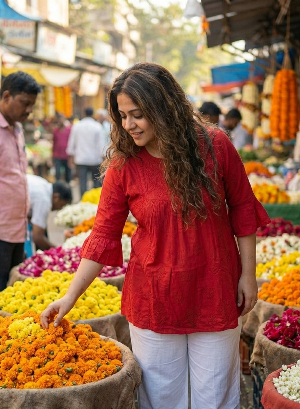 Red Bell Sleeves - Pure Cotton Gulshan Chikankari Short Top