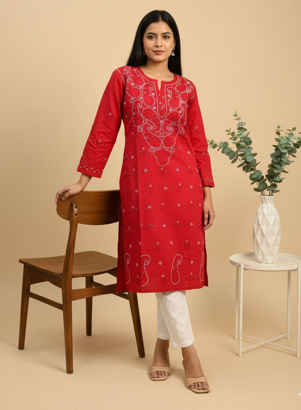 Red - Bahaar Cotton Terry Voile Chikankari Kurta