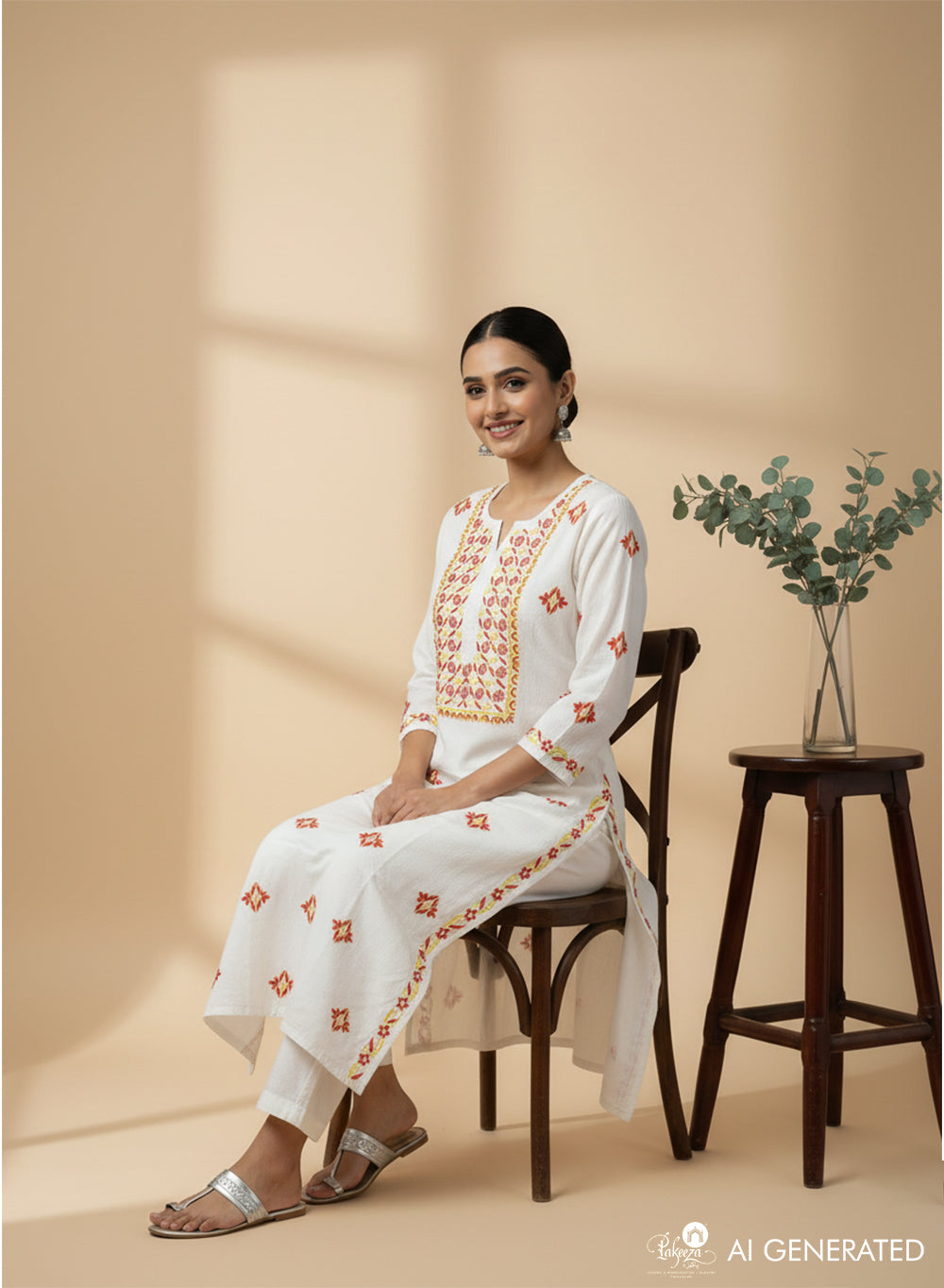 Red & Yellow Embroidered - White Bahaar Cotton Slub Chikankari Kurta