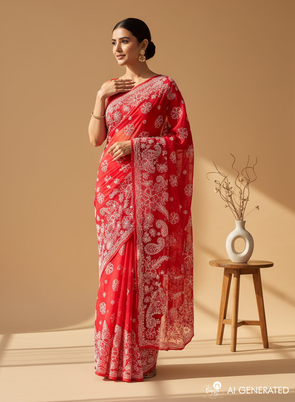 Red Mukaish - Aks Georgette Chikankari Saree