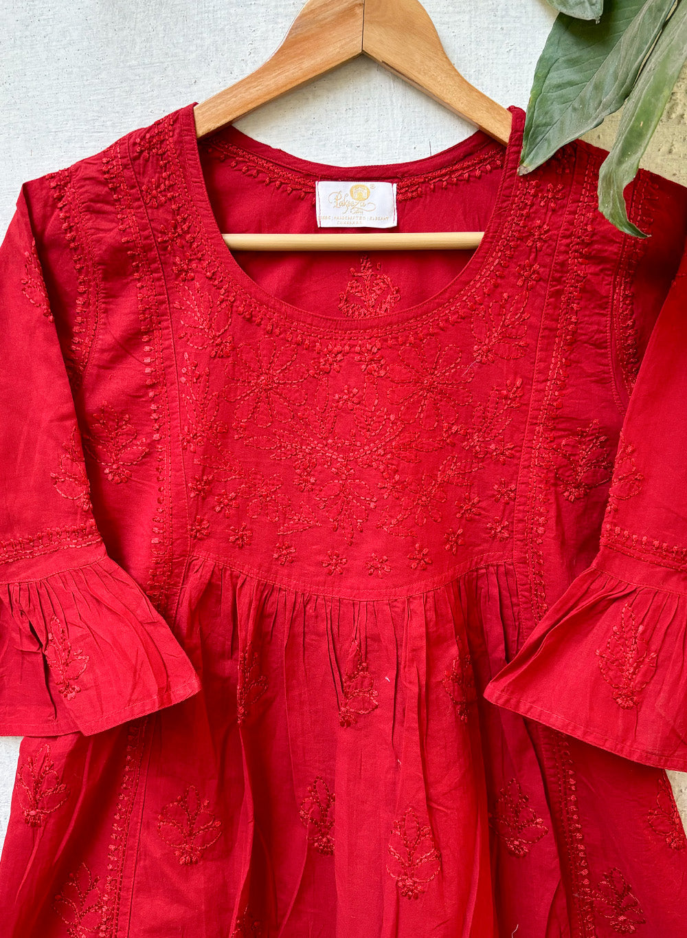 Red Bell Sleeves - Pure Cotton Gulshan Chikankari Short Top