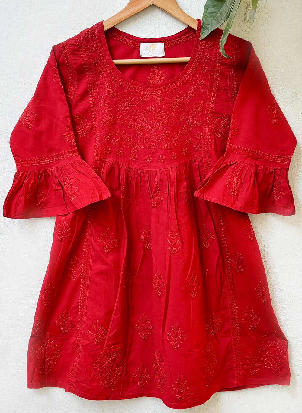 Red Bell Sleeves - Pure Cotton Gulshan Chikankari Short Top