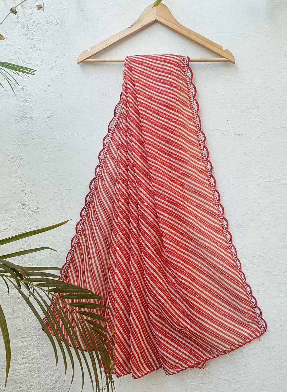 Red Lehariya - Nazm Kota Cotton Chikankari Dupatta with Sequins
