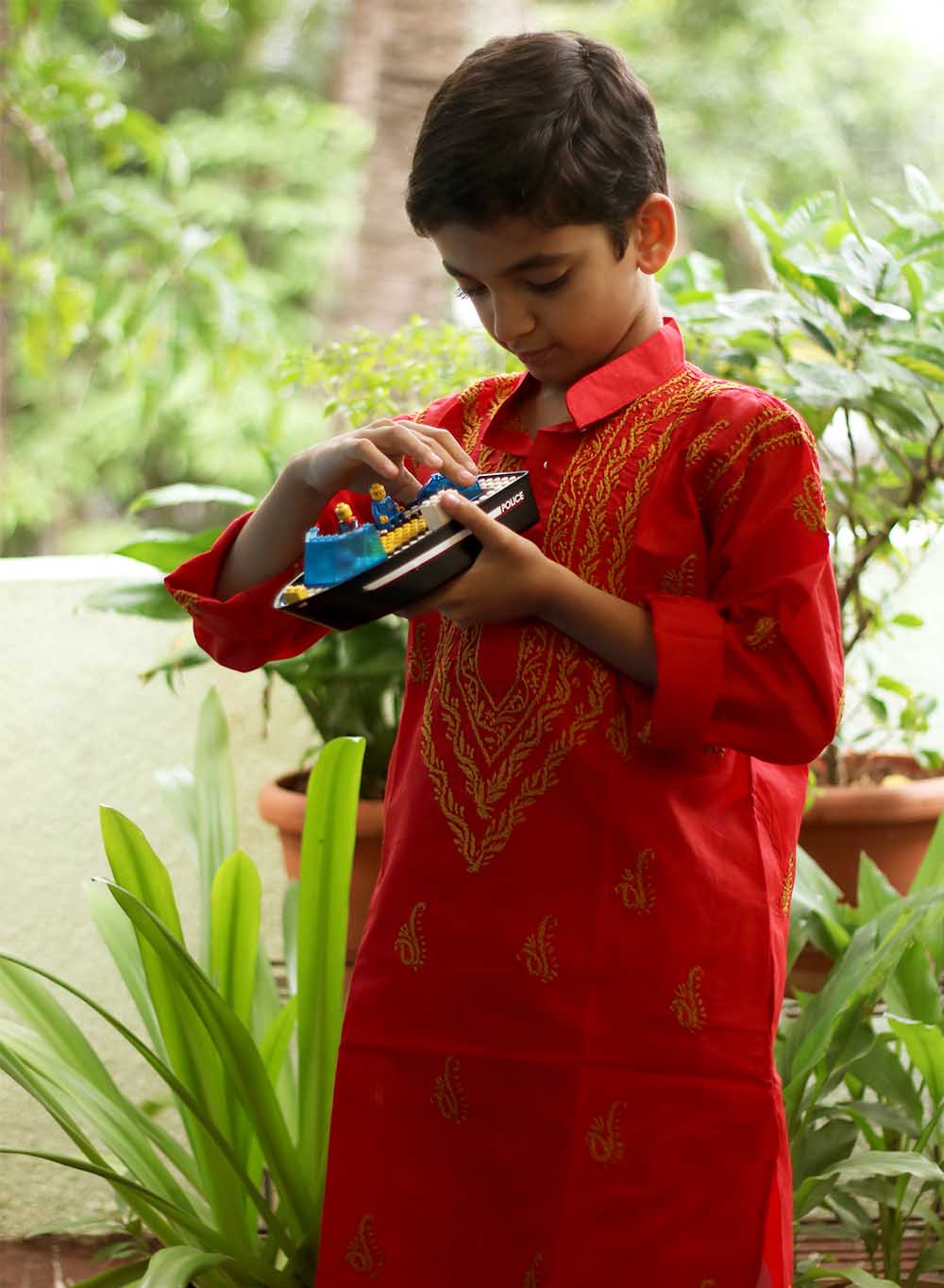 Red & Mustard - Cotton Chikankari Kurta