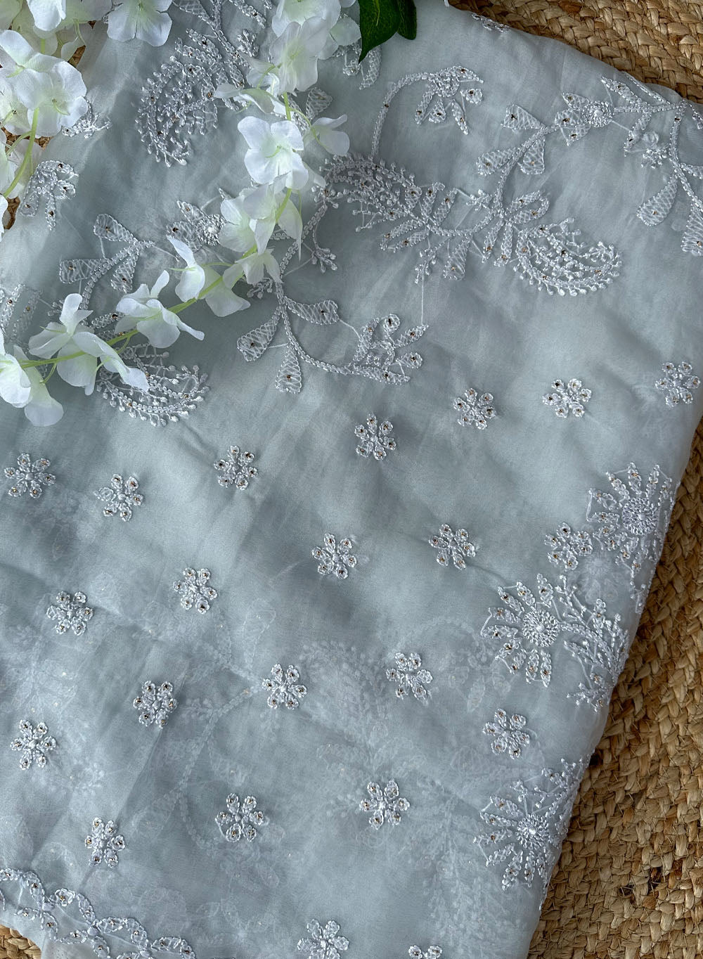 Ruhani Gray Mukaish - Aks Organza Chikankari  Saree