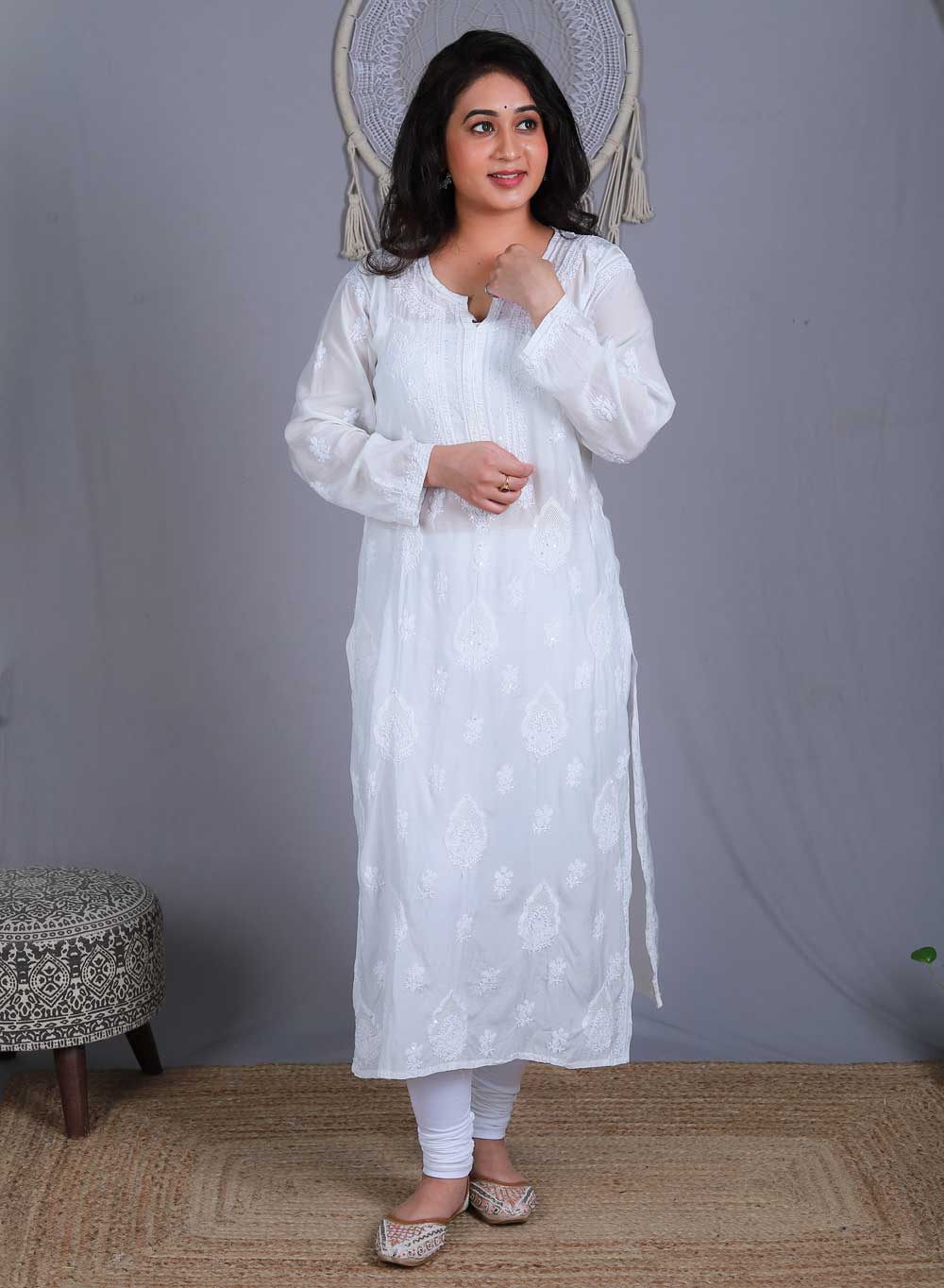 Roohi White - Anjuman Muslin Sequin Chikankari Kurta