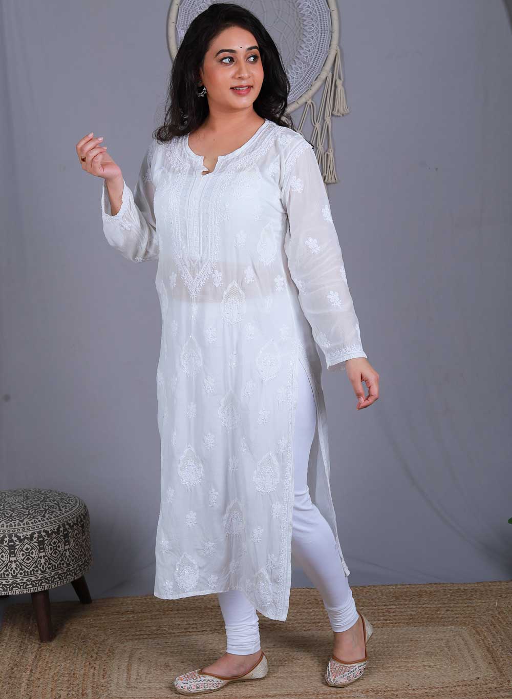 Roohi White - Anjuman Muslin Sequin Chikankari Kurta