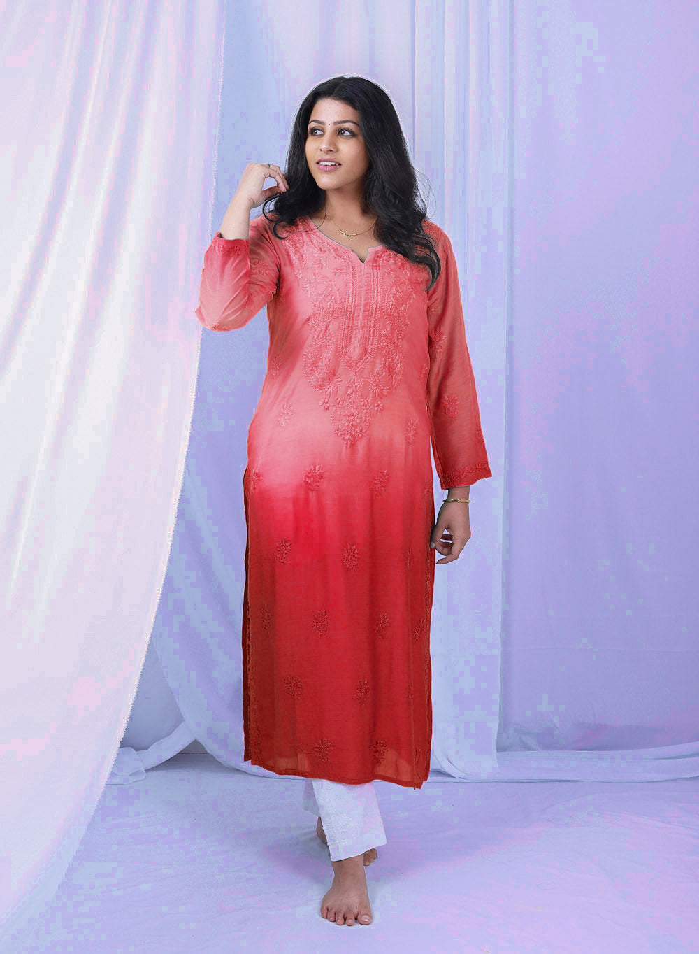 Sadgi Rust - Bahaar Muslin Chikankari  Ombré Kurta