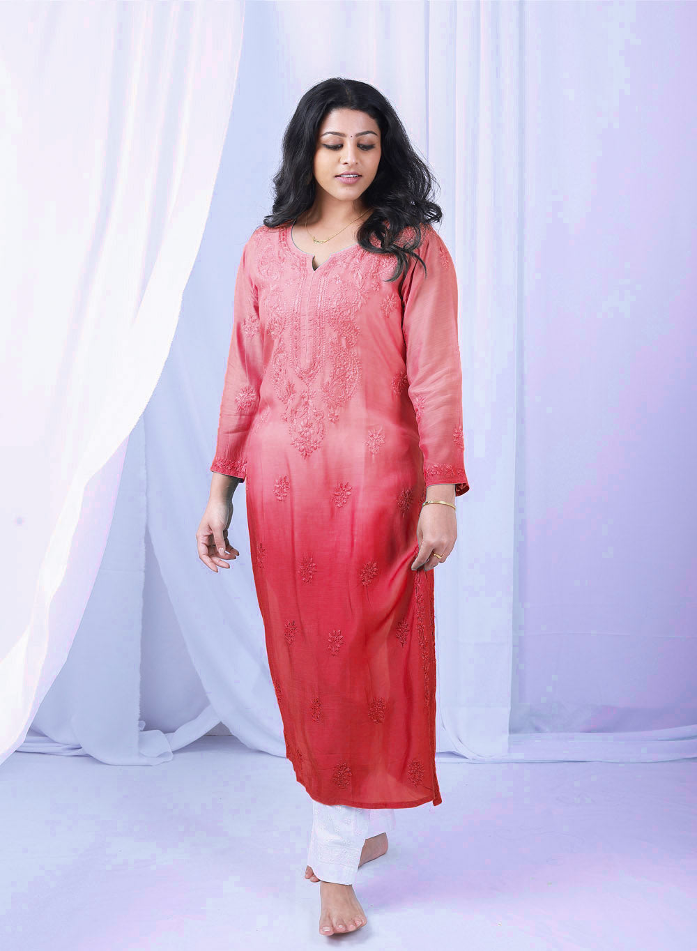 Sadgi Rust - Bahaar Muslin Chikankari  Ombré Kurta