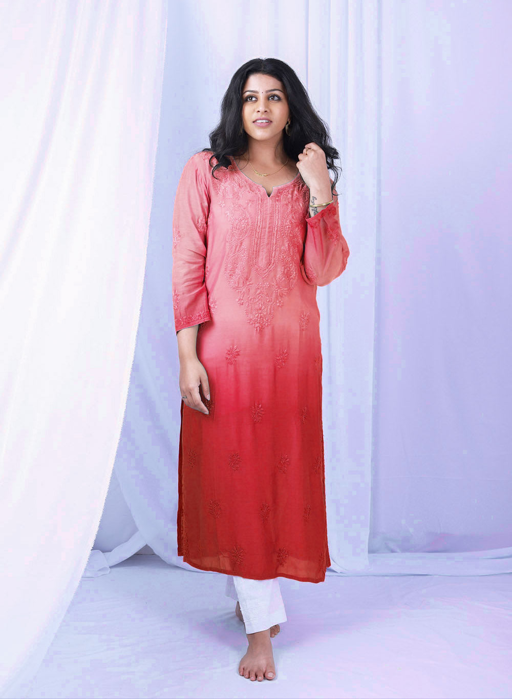 Sadgi Rust - Bahaar Muslin Chikankari Ombré Kurta