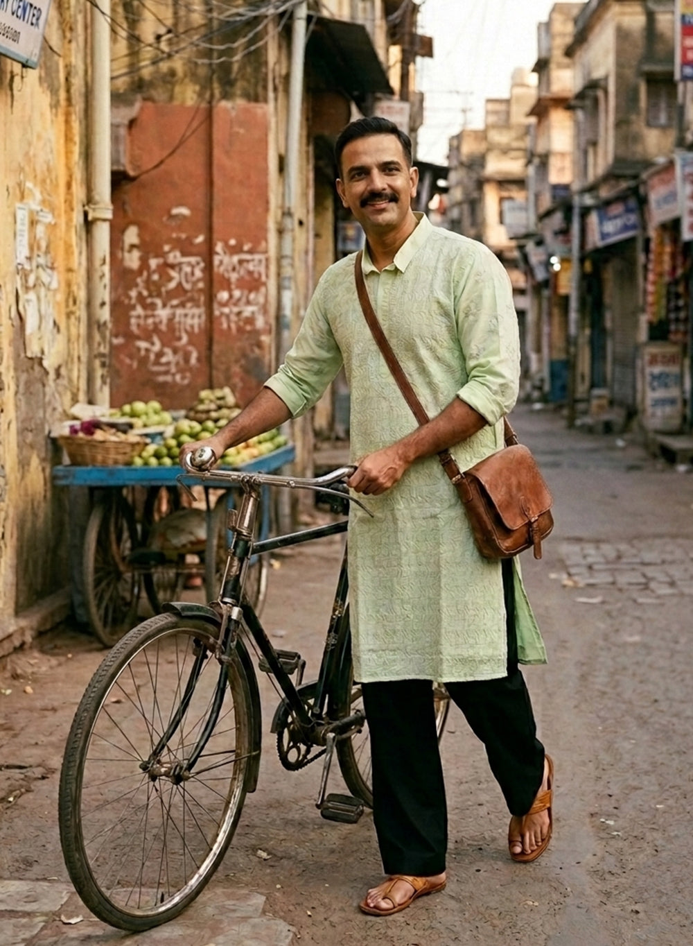 Sage Green - Nawab Cotton Vertical Design Front Jaal Chikankari Long Kurta