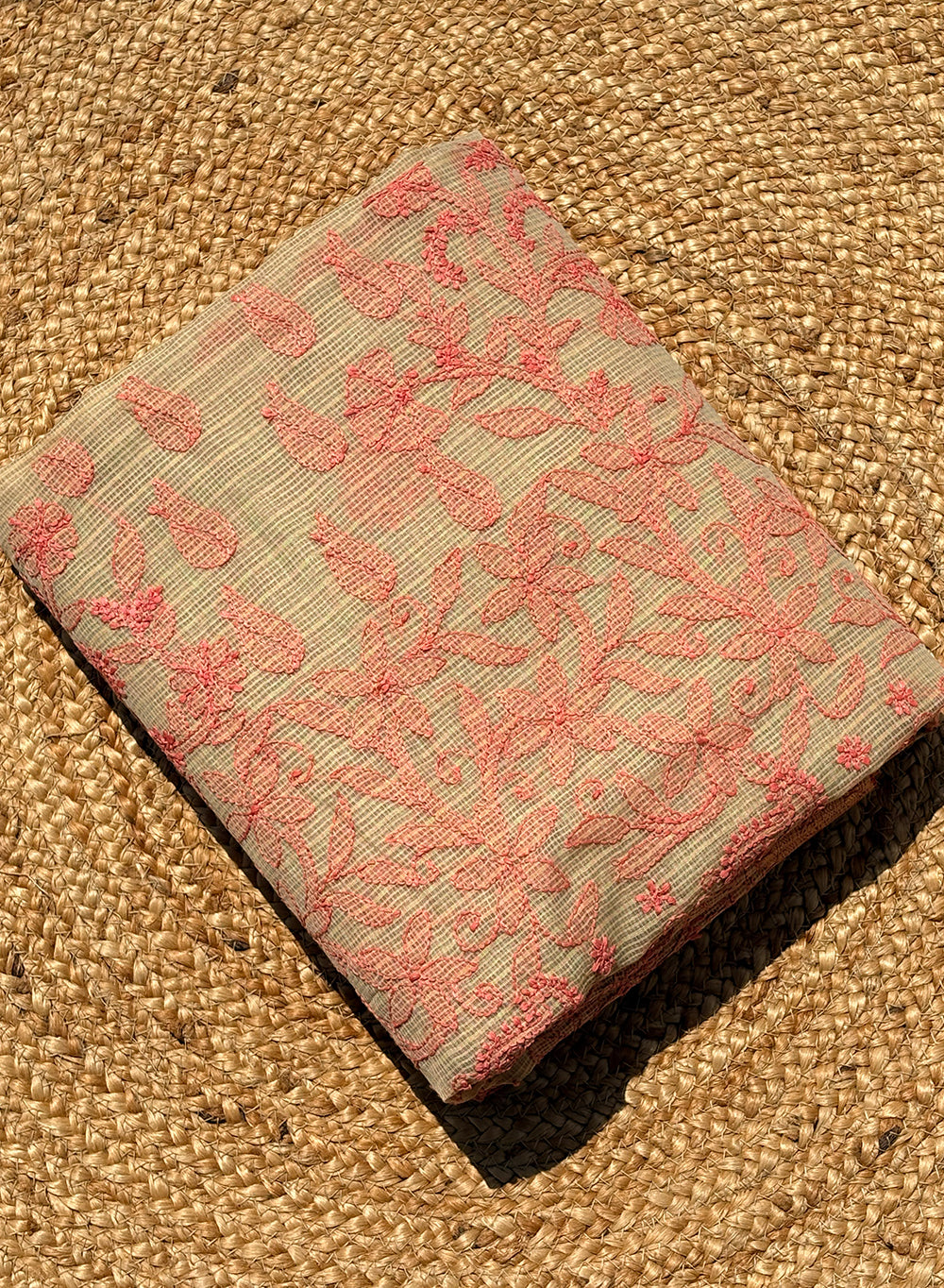 Pista Green With Pink Cotton Chanderi - Aks Hand Embroidered Chikankari Saree