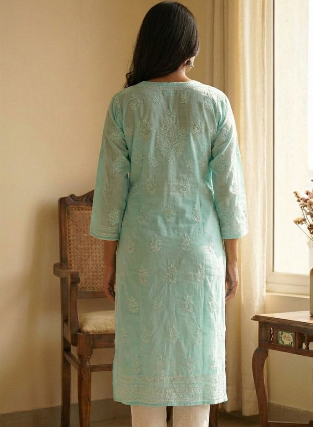 Sea Green With Crochet Lace - Cotton Terry Voile Bahaar Chikankari Kurta With Slip