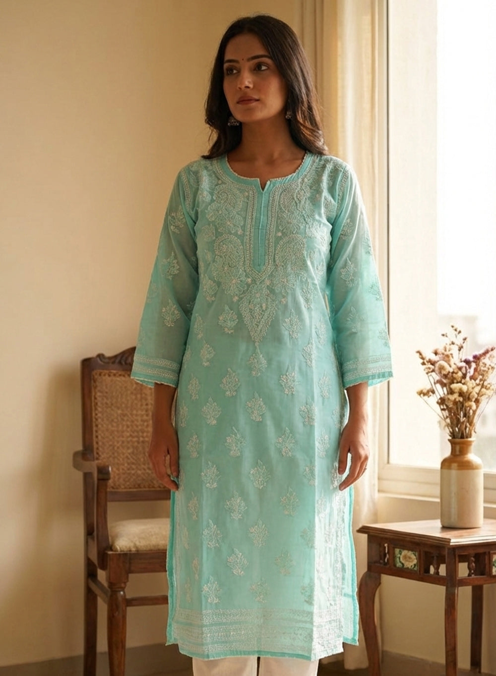 Sea Green With Crochet Lace - Cotton Terry Voile Bahaar Chikankari Kurta With Slip