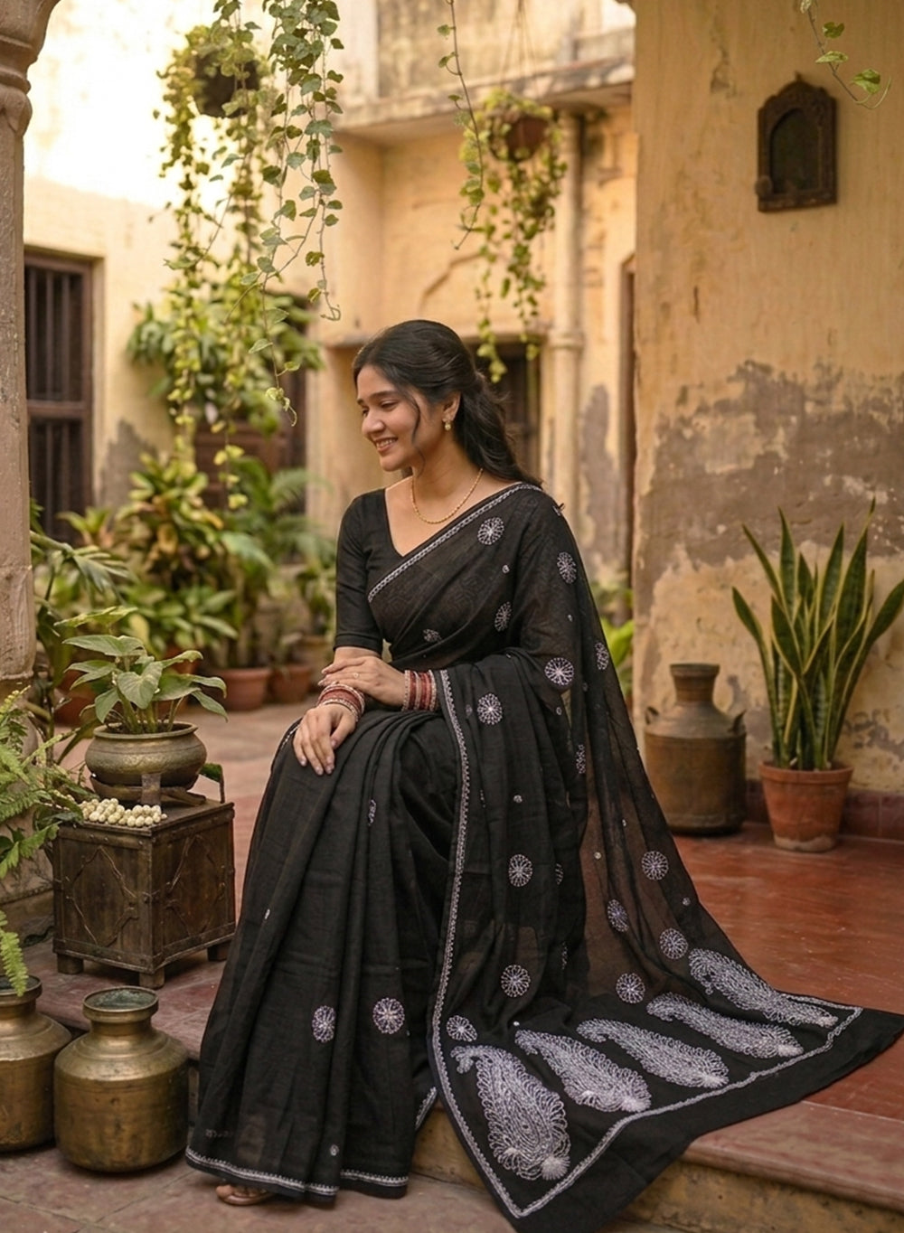 Black & White - Cotton Terry Voile Aks Chikankari Saree