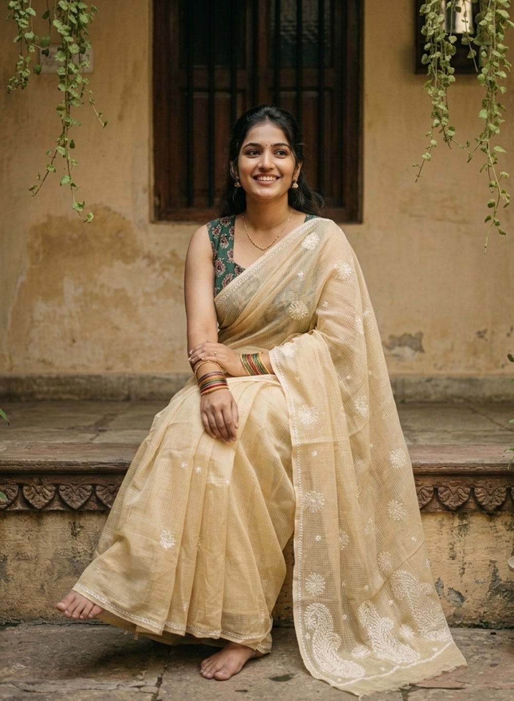 Shachi Beige - Kota Aks Cotton Saree With White Thread Embroidery