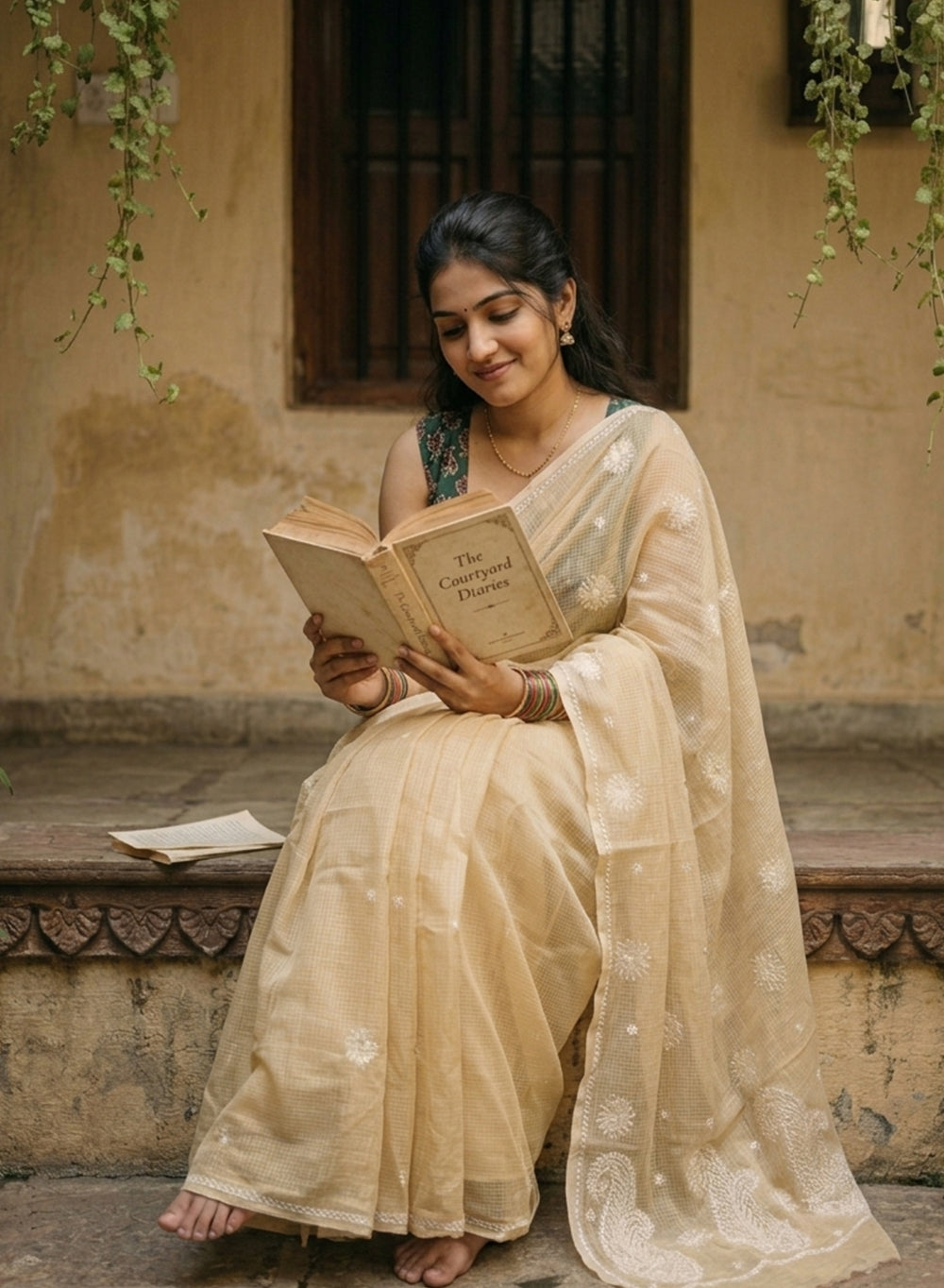 Shachi Beige - Kota Aks Cotton Saree With White Thread Embroidery