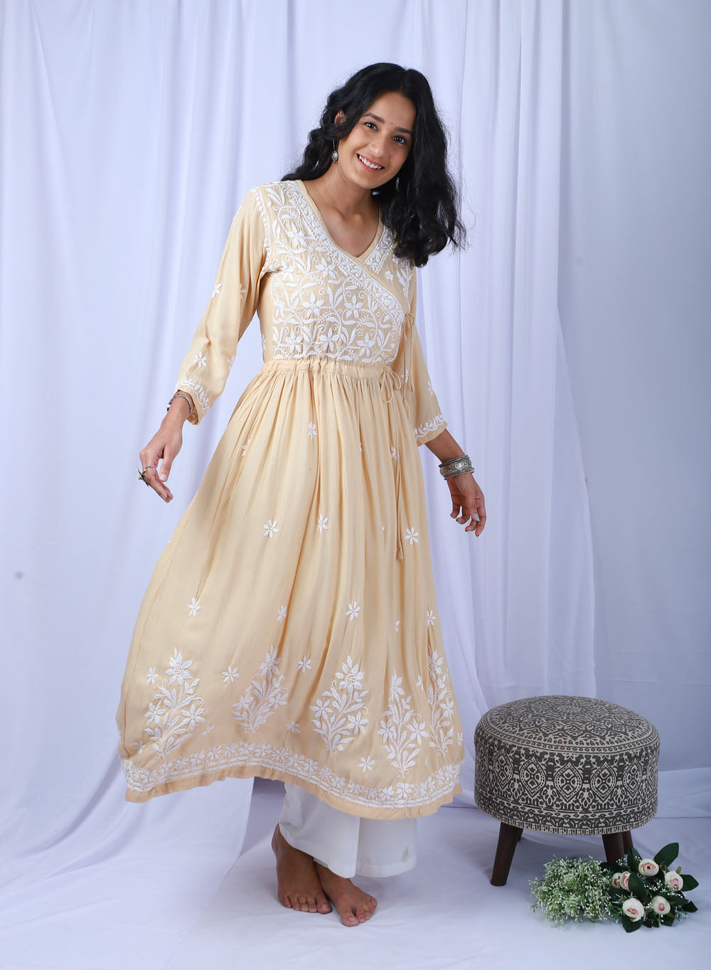 Shameem Beige - Modal Chikankari Angarakha
