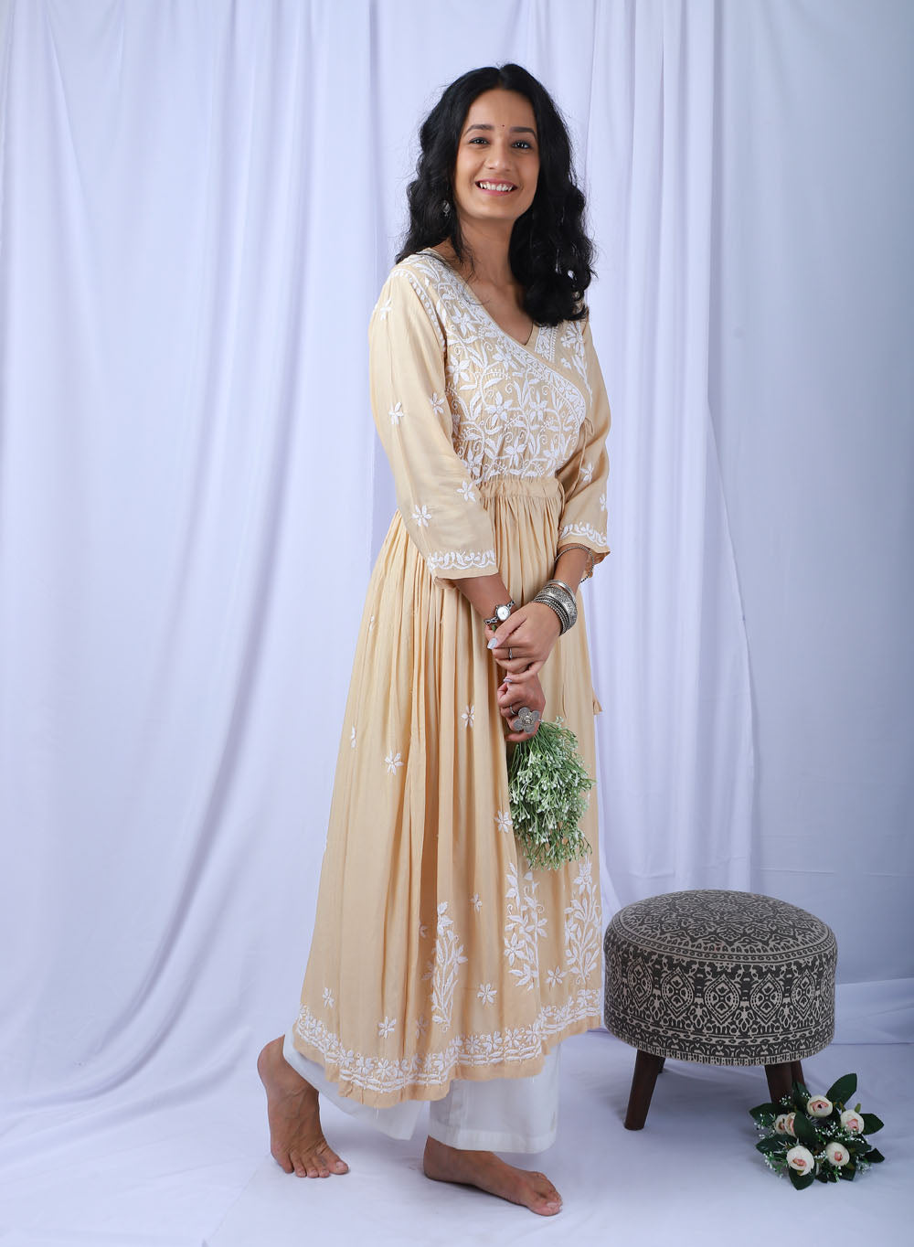 Shameem Beige - Modal Chikankari Angarakha