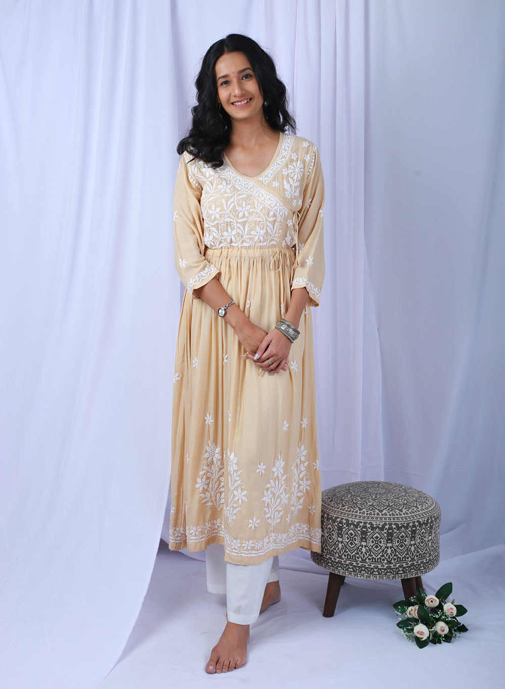 Shameem Beige - Modal Chikankari Angarakha