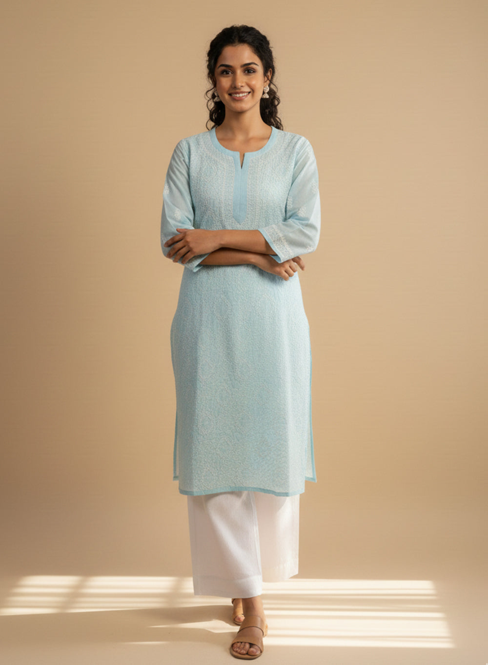 Powder Blue - Bahaar Cotton Terry Voile Chikankari Kurta With Mukaish Work