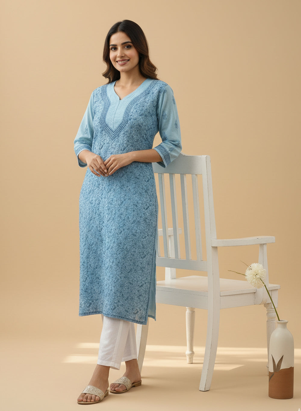 Sky Blue - Bahaar Cotton Terry Voile Chikankari Kurta