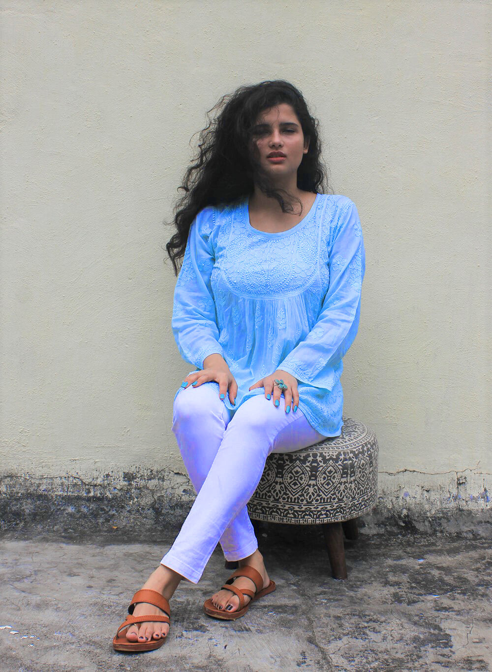Sky Blue - Resham Thread Gulshan Chikankari Short Top