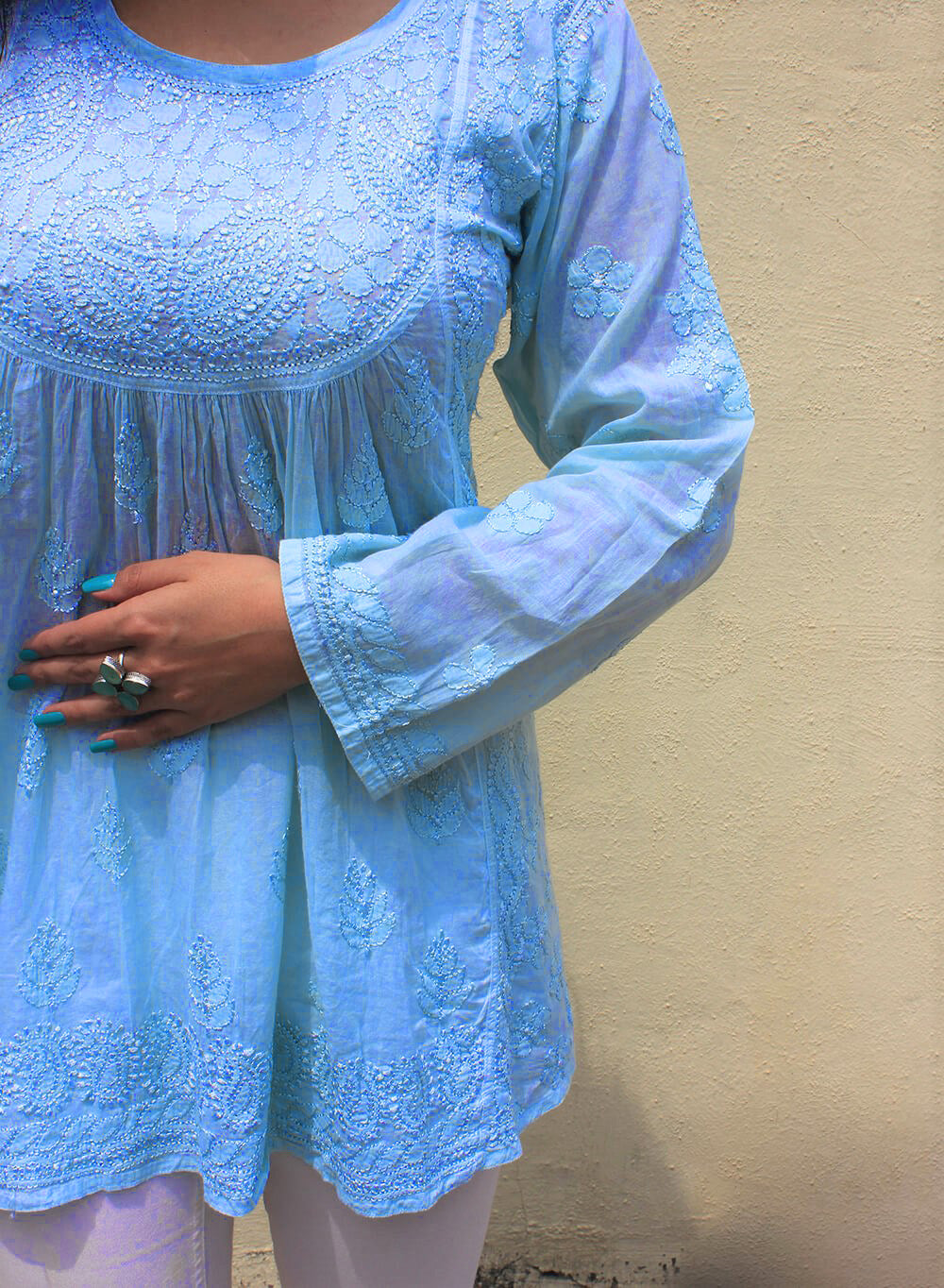 Sky Blue - Resham Thread Gulshan Chikankari Short Top