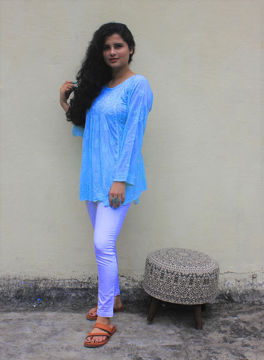 Sky Blue - Resham Thread Gulshan Chikankari Short Top