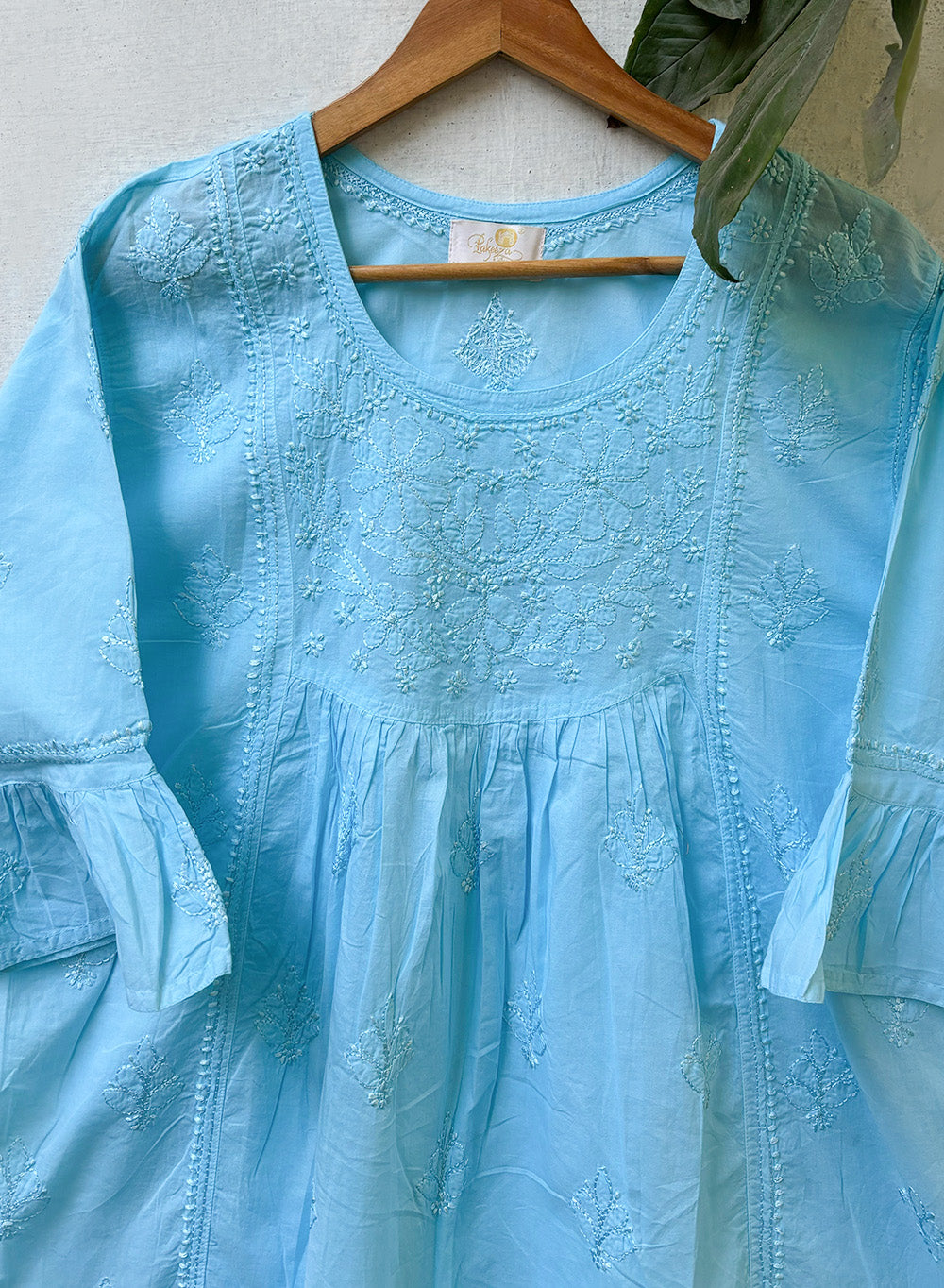Sky Blue Bell Sleeves - Pure Cotton Gulshan Chikankari Short Top