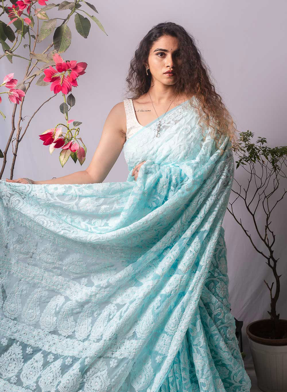 Sky Blue Full Jaal - Aks Georgette  Chikankari Saree