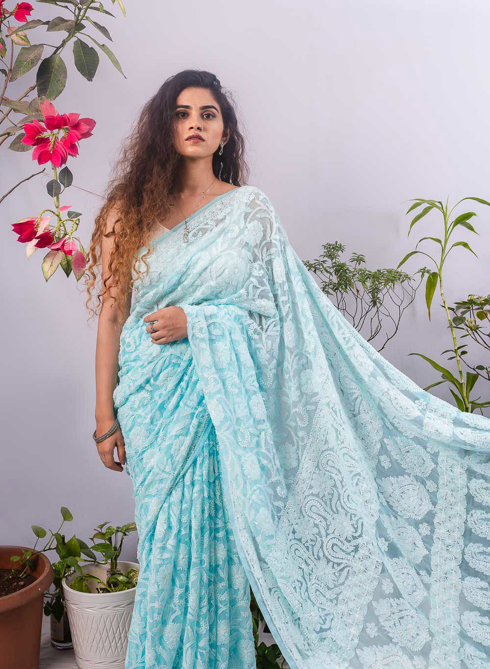 Sky Blue Full Jaal - Aks Georgette  Chikankari Saree