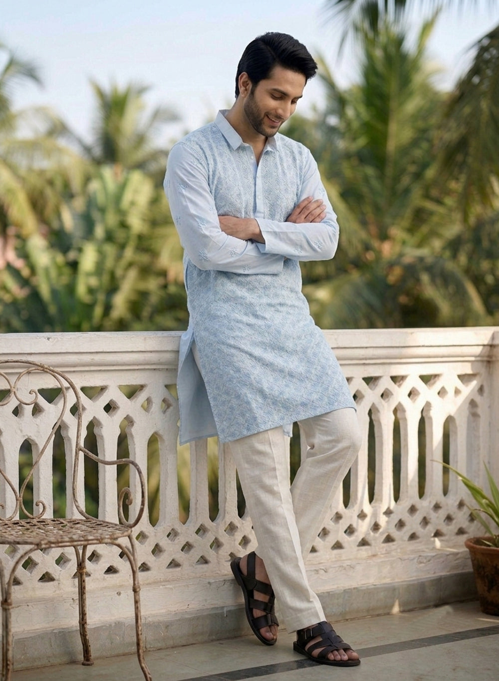 Sky Blue - Nawab Floral Front Jaal Cotton Chikankari Kurta
