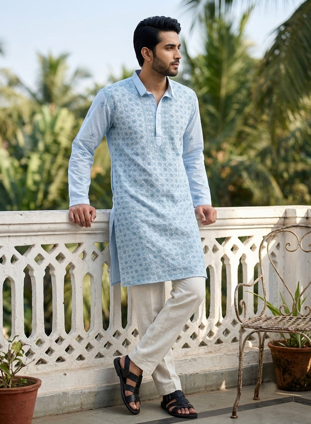 Sky Blue - Nawab Floral Front Jaal Cotton Chikankari Kurta