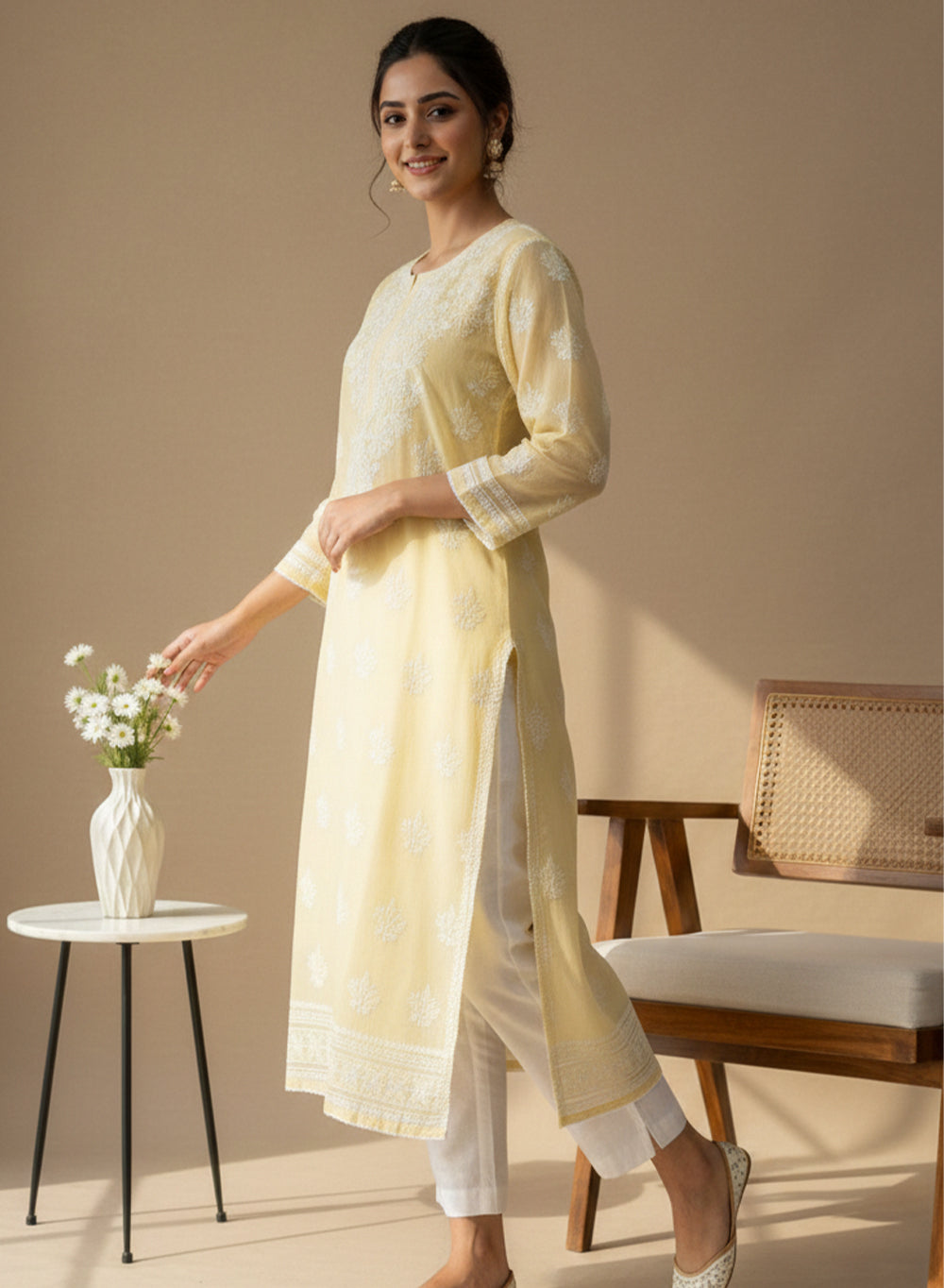 Sunlight Yellow With Crochet Lace - Cotton Terry Voile Bahaar Chikankari Kurta With Slip