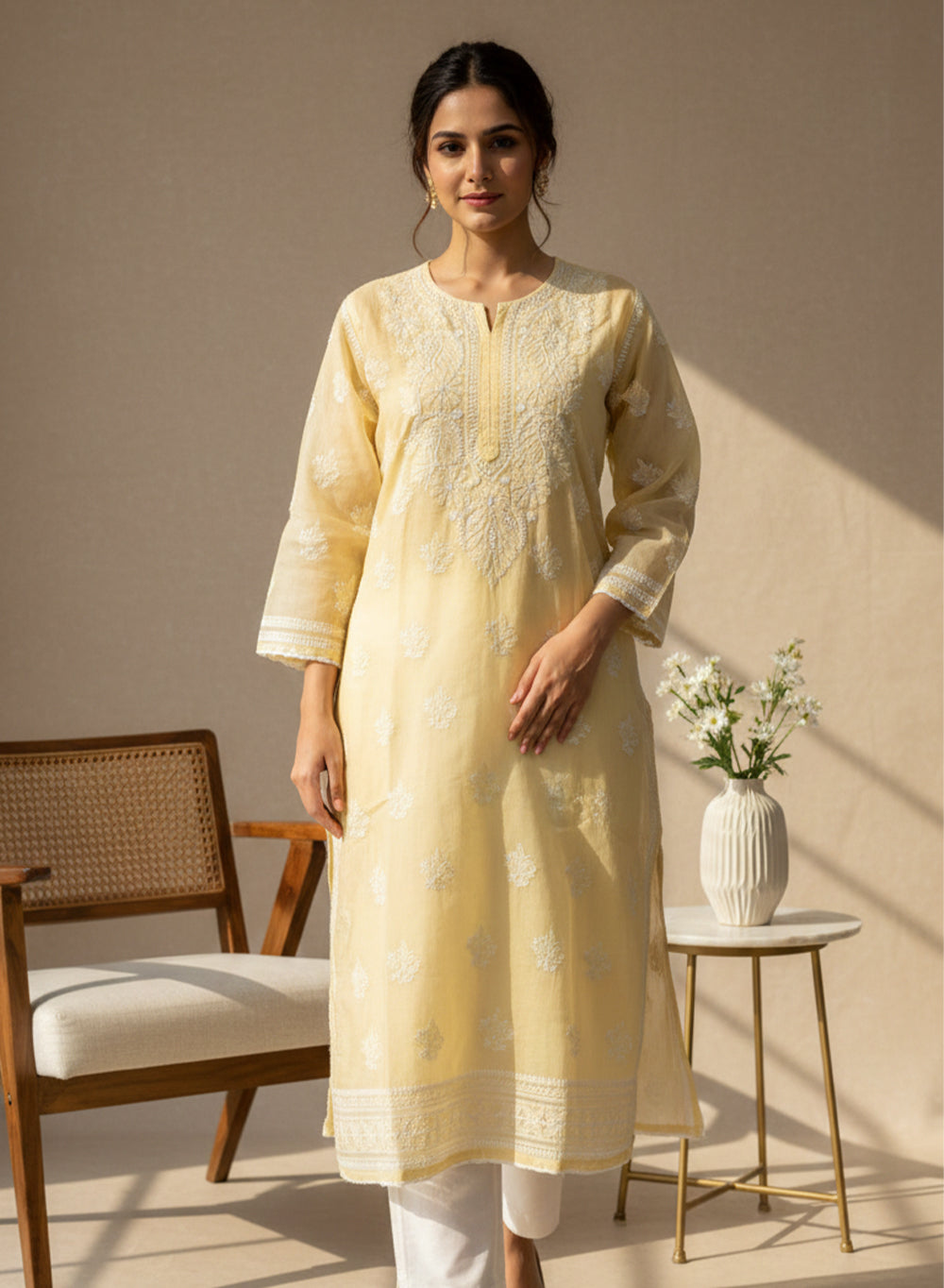 Sunlight Yellow With Crochet Lace - Cotton Terry Voile Bahaar Chikankari Kurta With Slip