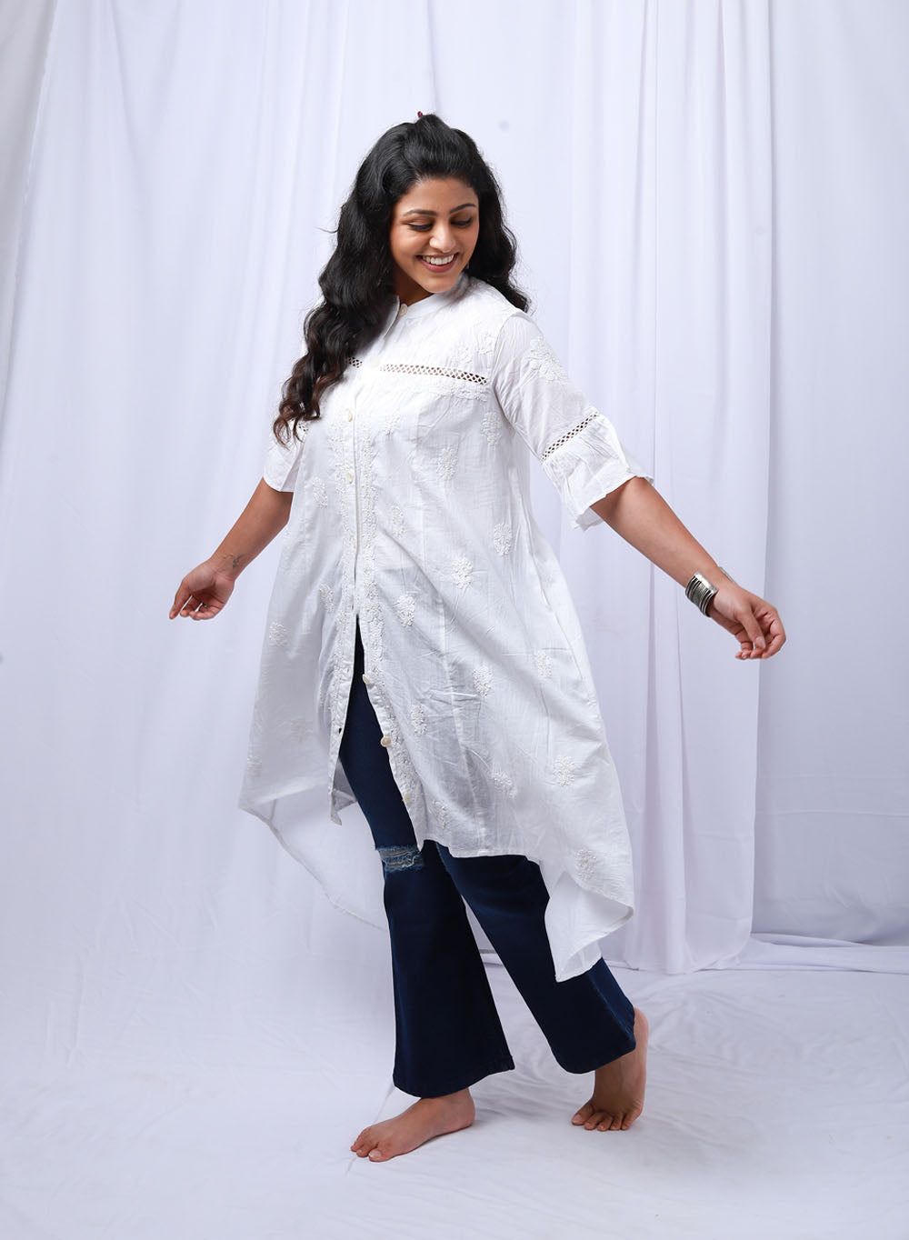 Tara Asymmetrical - Bahaar Cotton Terry Voile Chikankari Kurta