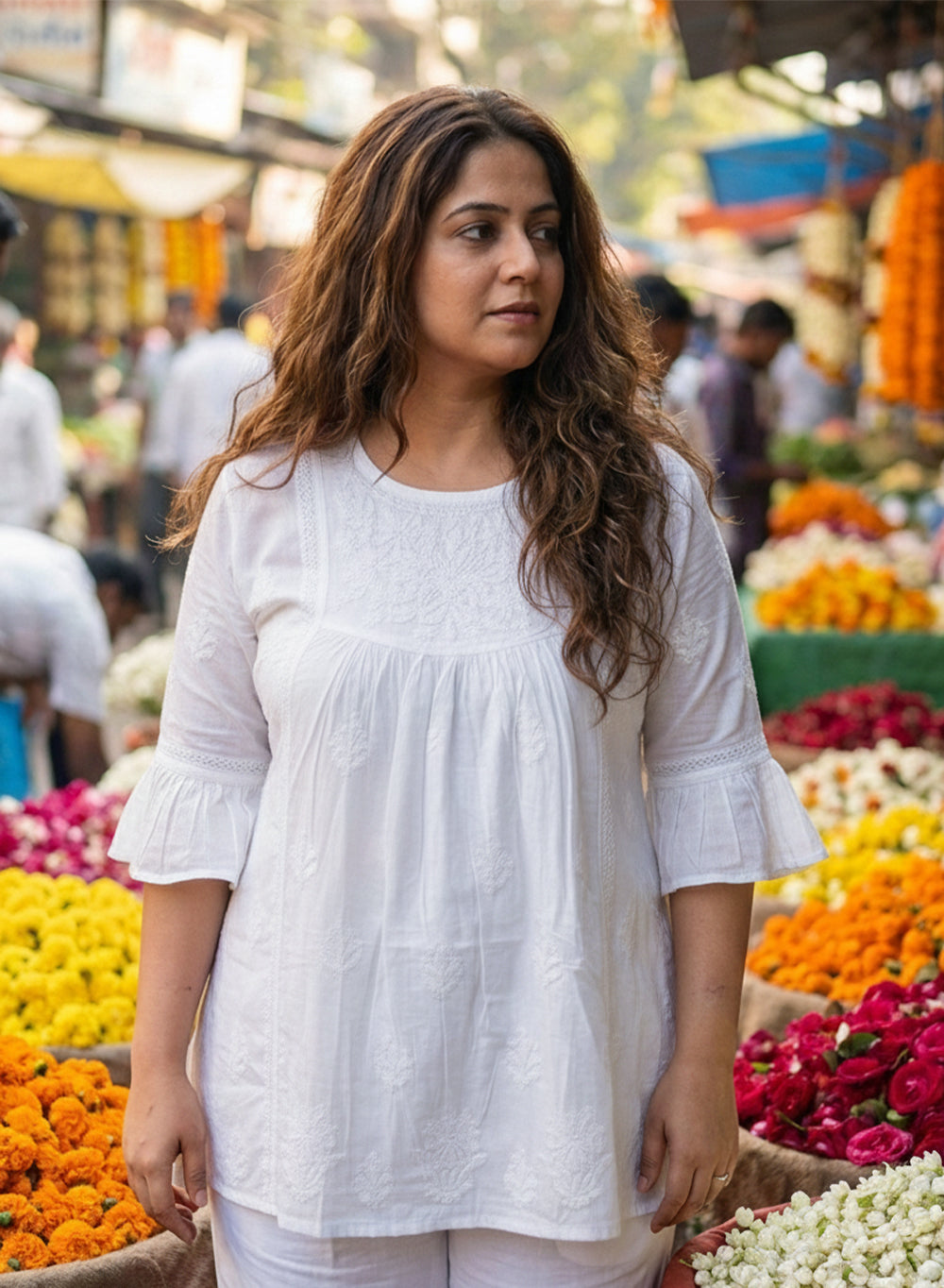White Bell Sleeves - Pure Cotton Gulshan Chikankari Short Top