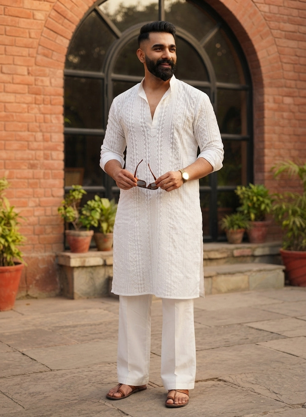 White - Nawab Daraz Front Jaal Cotton Chikankari Kurta