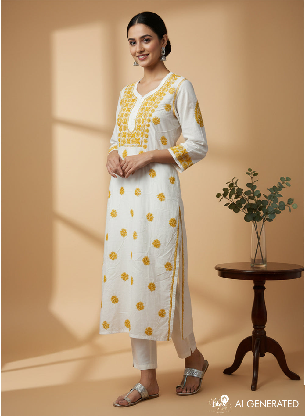 White & Yellow - Bahaar Mul Cotton Chikankari Kurta
