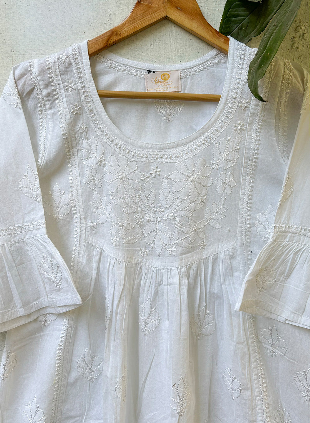 White Bell Sleeves - Pure Cotton Gulshan Chikankari Short Top