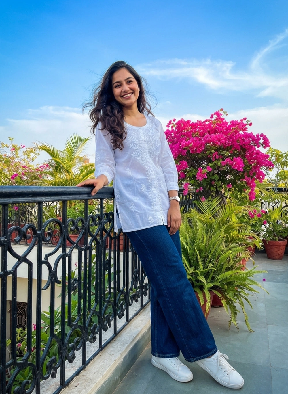 White - Mul Cotton Front Button Gulshan Chikankari Short Top
