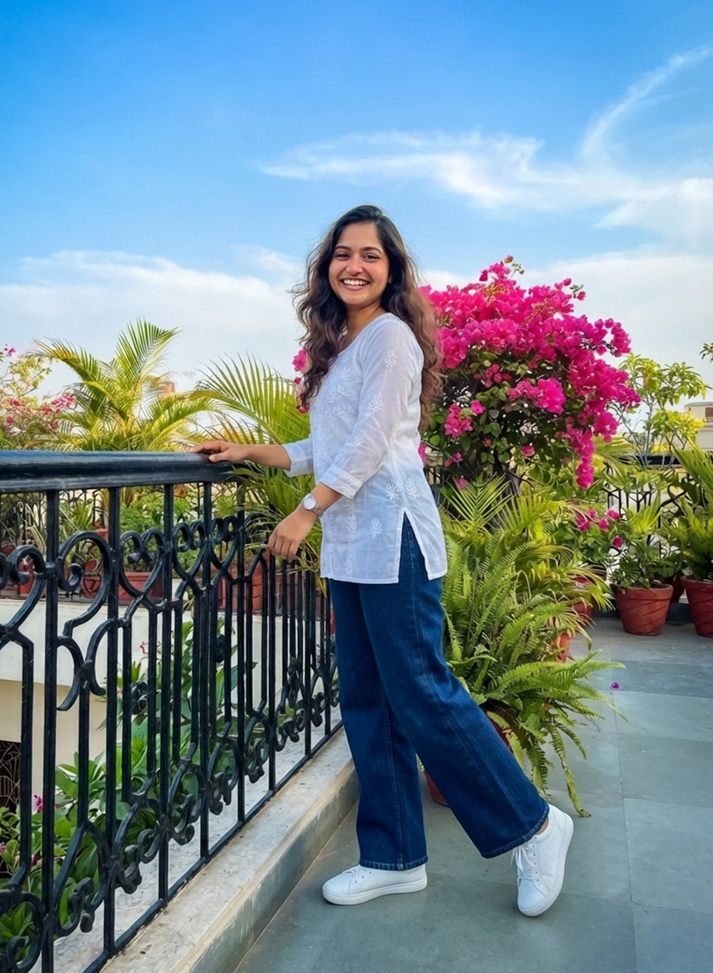 White - Mul Cotton Front Button Gulshan Chikankari Short Top