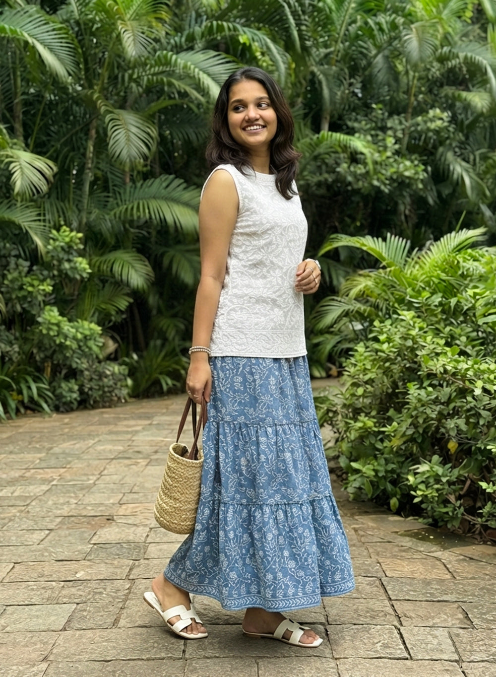 White - Cotton Gulshan Sleeveless Back Button Chikankari Short Top