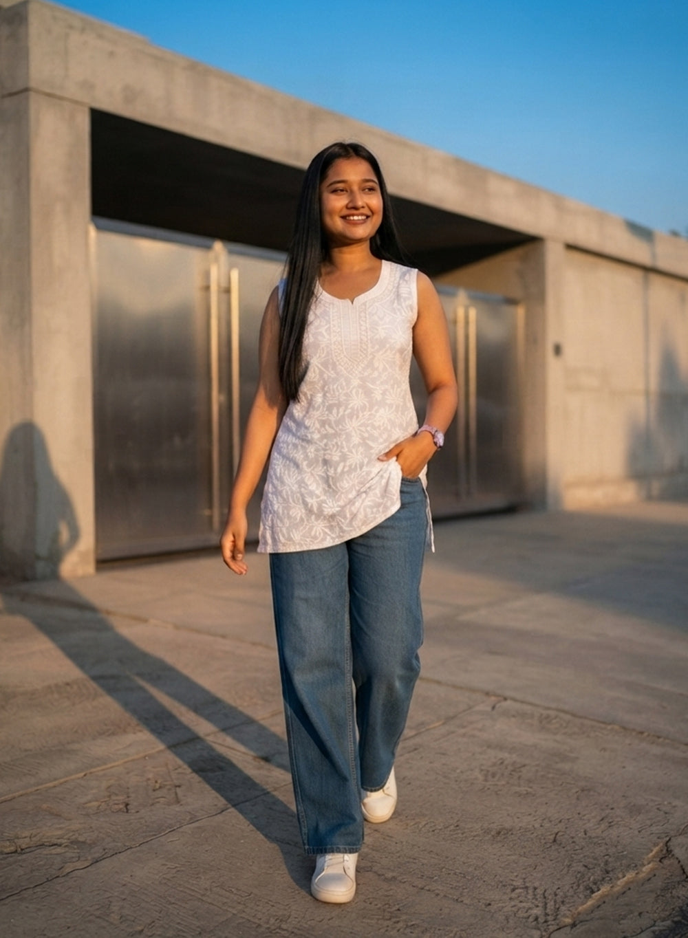 White - Cotton Sleeveless Lotus Chikankari Short Top